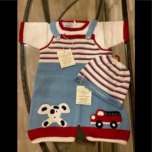 NWT *ZACKALI 4 KIDS* Hand-Knitted *FIRE TRUCK & DALMATIAN* 3-Piece Set…Size: 2